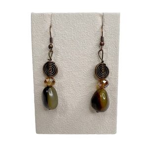 Natural Stone & Antiqued Brass Swirl Amber Faceted Bead Dangle Pierced Earrings